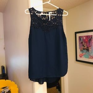 LC Lauren Conrad Navy Embroidered Floral Neck Top